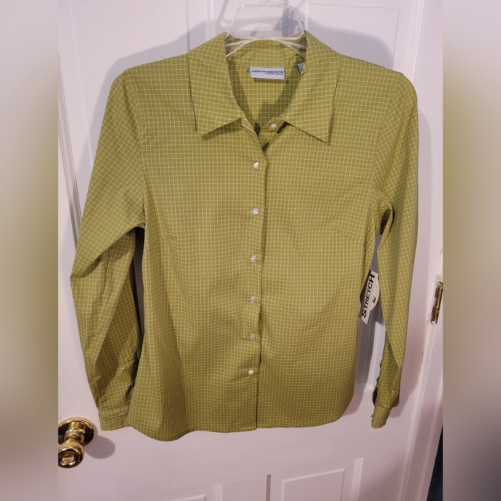 Valerie Stevens casual Stretch Windowpane petite blouse size PM NWT